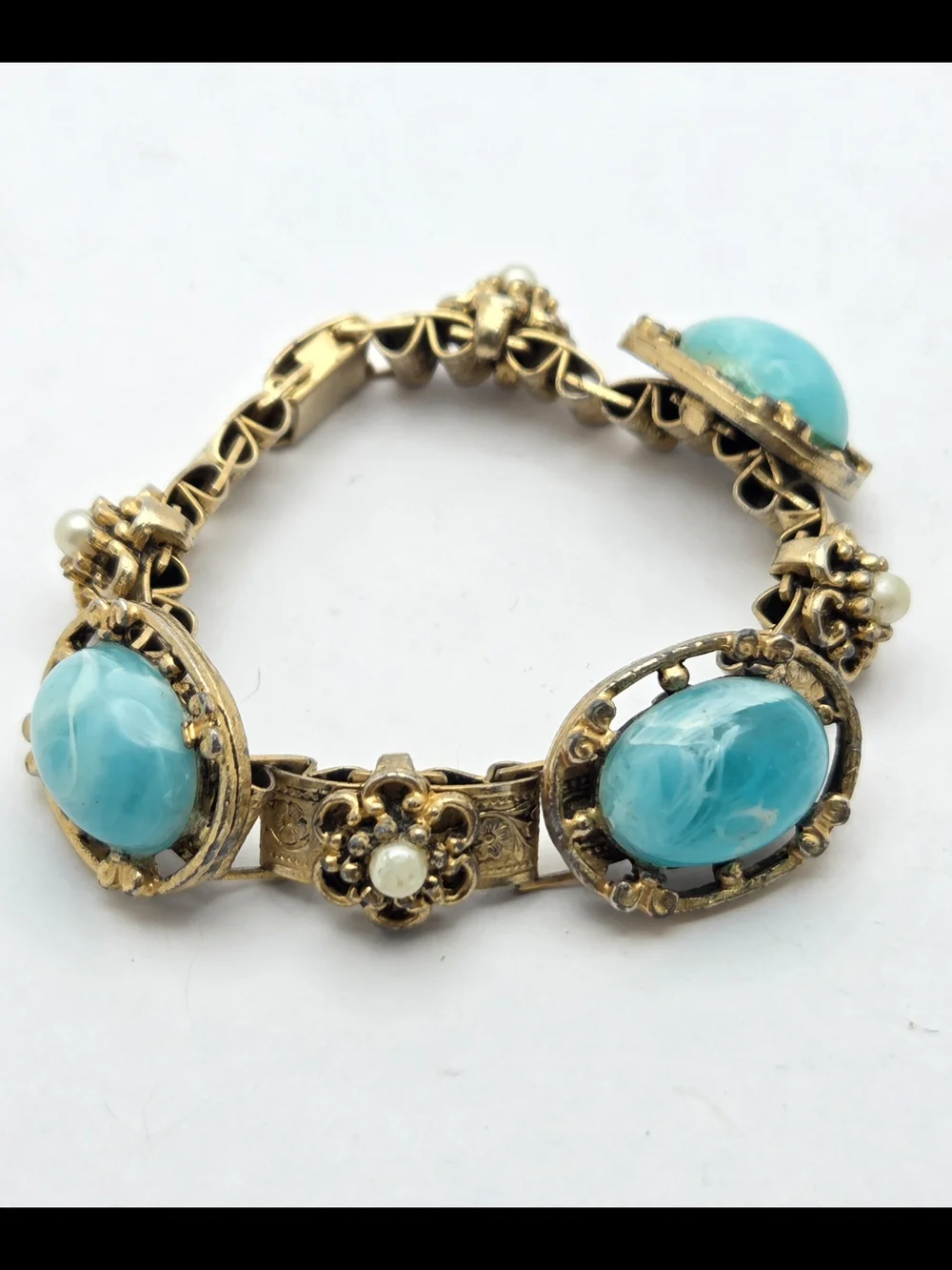 Vintage Gold Tone Faux Turquoise Pearl Panel Bracelet Filigree Etched 7 Inches